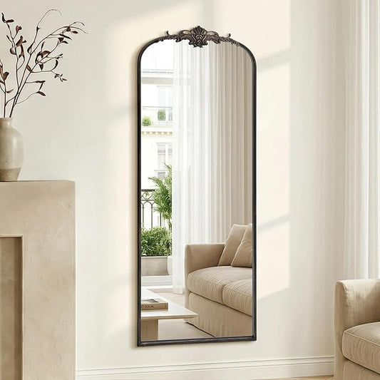 Besdomus Arched Mirror Full Length: 21"x56" French Black Vintage Full Body Mirror - Floor Antique Baroque Traditional Ornate for Entryway/Cloakroom/Bedroom/Living Room - Home Decor for Homemakers
