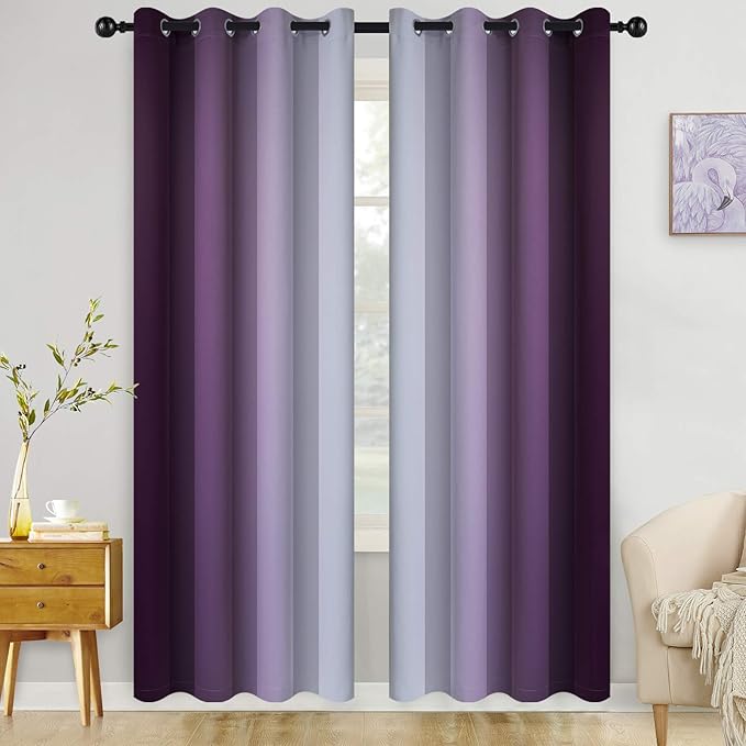 COSVIYA Grommet Ombre Room Darkening Curtains 96 inch Long, Purple and Grayish White Gradient Drapes Light Blocking Insulated Thermal Window Curtains for Bedroom/Living Room,2 Panels,52x96 inches