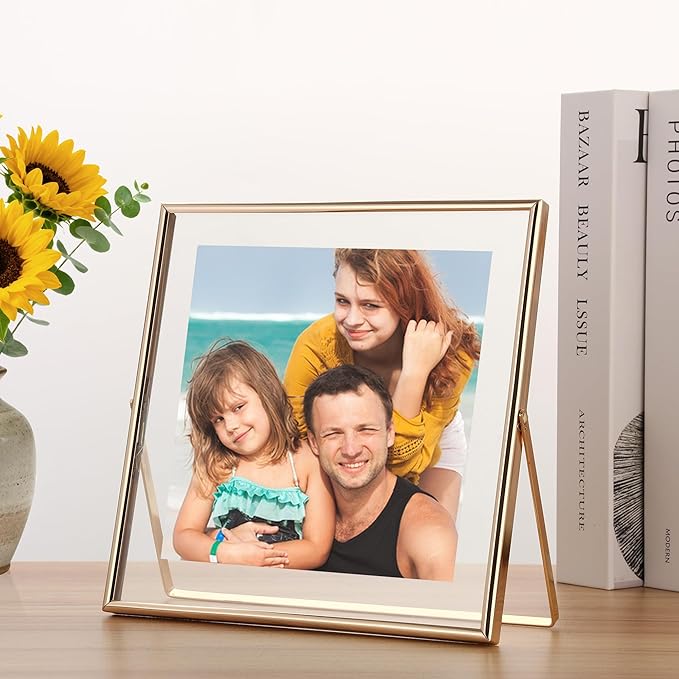 Gold 8x8" Floating Frame 2 Pack for Photo size(5x5'',6x6'' 8x8''),Adjustable Tabletop/Shelf floating Picture Frame,Classy Metal Gift Frames for Wedding,Thanksgiving,Christmas,Birthady,Home or Office Decor.