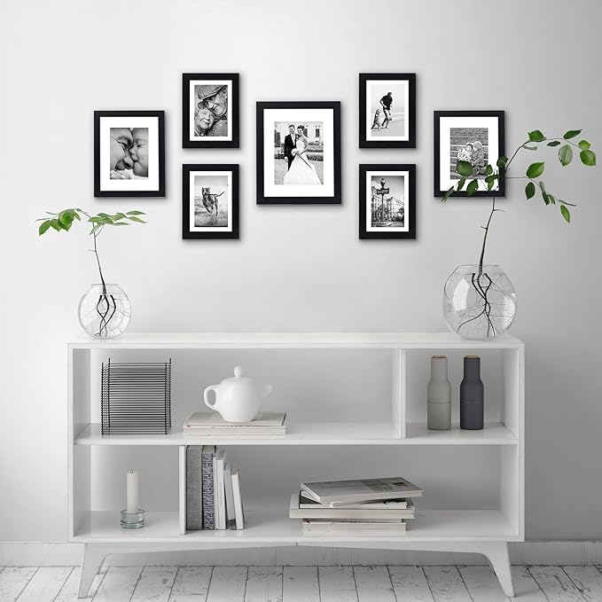 Americanflat Set of 7 Picture Frames with Shatter-Resistant Glass - Gallery Wall Frame Set with One 11x14, Two 8x10 and Four 5x7 Frames - Signature Collection - Black