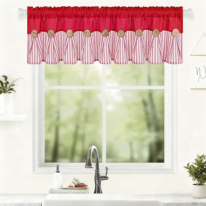 ASPMIZ Farmhouse Cotton Linen Valances for Windows, Boho Kitchen Curtains Valances with Rustic Button, Red Striped Window Treatments Curtain Valance for Bathroom Cafe, 60 x 14 Inch, 1 Pannel