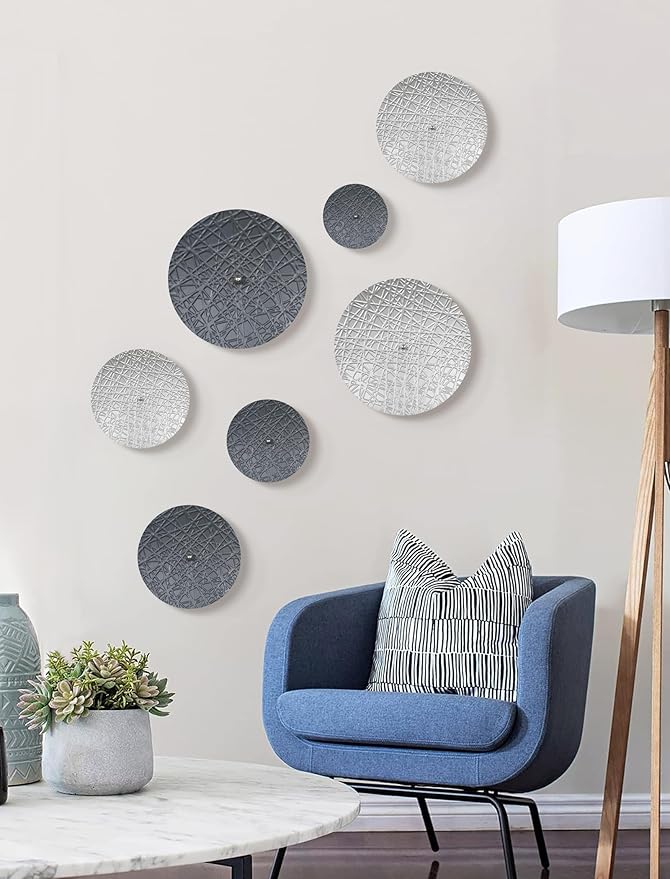 Silver and Gray Metal Wall Decor for Living Room, 7PCS Hanging Wall Art Sculptures for Office Dining Room Decoration, Modern Silver Home Decor for Apartment Bedroom New Home Gift