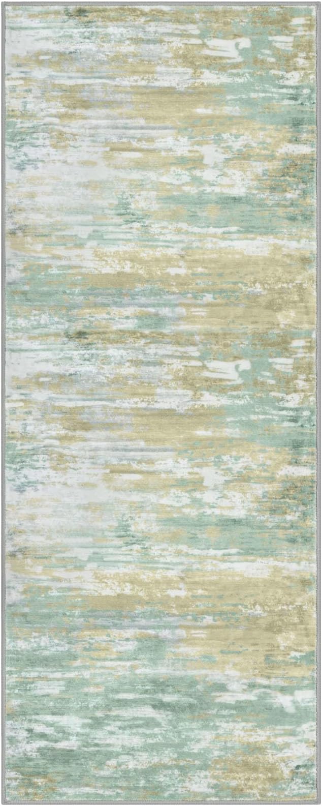 KOZYFLY Kitchen Runner Rug for Hallway Non-Slip Modern Abstract Runner Rug 2x5 Light Green Yellow, Washable Carpet Runner Laundry Room Mat with Soft Low Pile for Entryway Bathroom Bedroom Kitchen