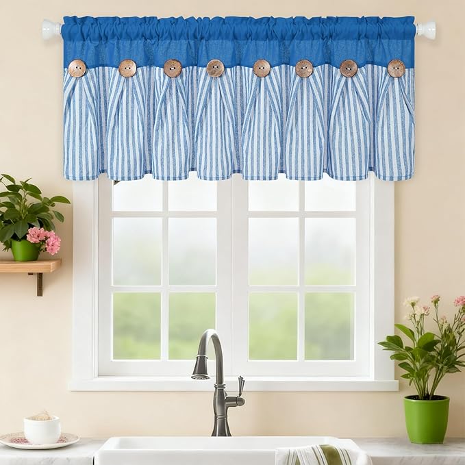 ASPMIZ Farmhouse Cotton Linen Valances for Windows, Boho Kitchen Curtains Valances with Rustic Button, Lake Blue Striped Window Treatments Curtain Valance for Bathroom Cafe, 52 x 18 Inch, 1 Pannel