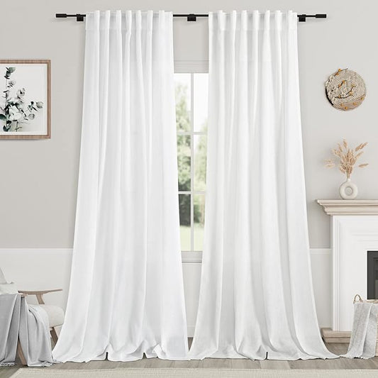 Nanspring Extra Long White Curtain 105 inches Long 2 Panels Set for Living Room Back Tab Modern Farmhouse Decor Cotton Textured Off White Sheer Linen Curtains 105 inch Length for Large Window