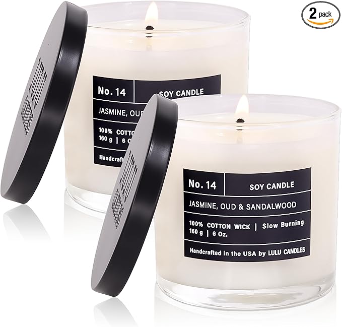 Lulu Candles | Jasmine, Oud & Sandalwood |Luxury Scented Soy Jar Candle | Hand Poured in The USA | Highly Scented & Long Lasting (6 Oz. 2 Pack)