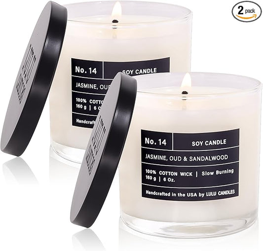 Lulu Candles | Jasmine, Oud & Sandalwood |Luxury Scented Soy Jar Candle | Hand Poured in The USA | Highly Scented & Long Lasting (6 Oz. 2 Pack)