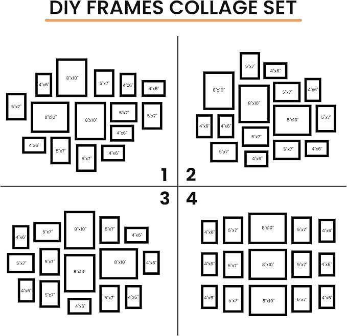 15 Pack Picture Frames Collage Wall Decor, Gallery Frame Set for Wall Mounting or Tabletop Display, Multi Sizes Including 3pcs 8x10, 6pcs 5x7, 6pcs 4x6, Black
