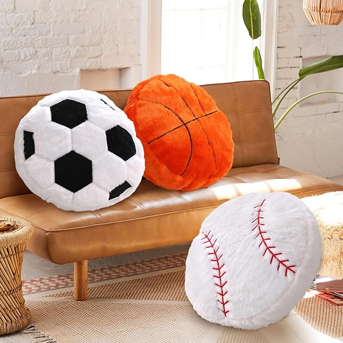 Plush Baseball Pillow 2 Pack, Soft Fluffy Round Baseball Shaped Throw Pillows for Kids Room, Sofa & Bed Decor, Seat Cushion Alternative for Gaming & Sports Room 15.7 Inch