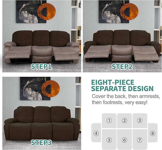 YEMYHOM 8 Pieces Stretch Recliner Sofa Cover Latest Jacquard Reclining Couch Cover with Side Pocket Anti-Slip Fitted 3 Cushion Furniture Slipcovers with Elastic Bottom (Sofa Recliner, Dark Coffee)