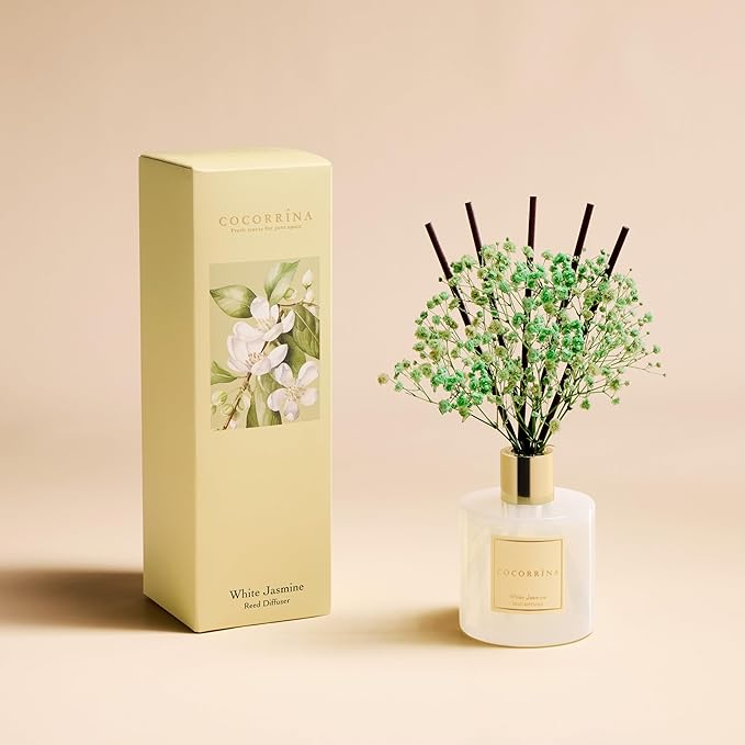 COCORR??NA Reed Diffuser - White Jasmine 6.7 Fl.oz Reed Diffuser Set with Sticks & Preserved Baby's Breath, Reed Diffuser for Home Bathroom Shelf Decor