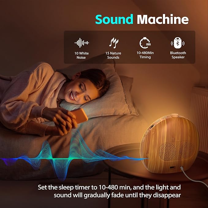 Geuuap Sunrise Alarm Clock, Noise Sound Machine Night Light, Wood Grain | 25 Soothing Sounds, 17 Dimmable lights, Dual Independent Alarms, Unlimited Snooze, Bluetooth Speaker, Backup Battery Memory - Image 2