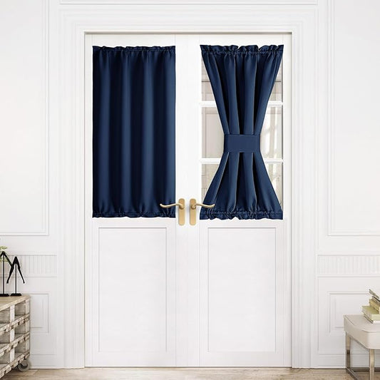NICETOWN French Door Curtain for Door Window, Rod Pocket Thermal Short Curtain for Glass Patio Kitchen Window, 30 X 40 Inches Long, 1 Panel with Tieback, Navy