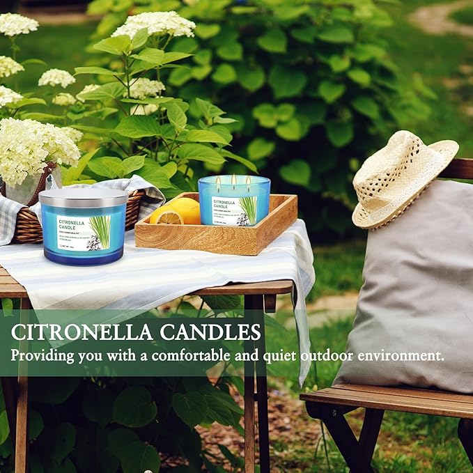2x14oz Large 3-Wick Outdoor Indoor Citronella Candles, Long Lasting to 30 Hours, Scented Natural Soy Candle