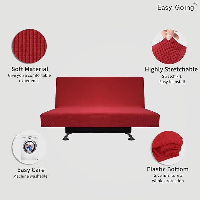 Easy-Going Stretch Futon Slipcover Armless Futon Bed Cover Furniture Protector Without Armrests with Elastic Bottom for Kids, Soft Jacquard Fabric Small Checks (Medium, Christmas Red)