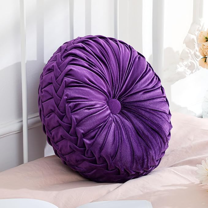 Drydiet 1 Pcs Round Throw Velvet Pillows Decorative Pleated Throw Pillows 15'' Diameter Accent Pumpkin Boho Chair Cushion for Couch Sofa Home Decoration (Purple)