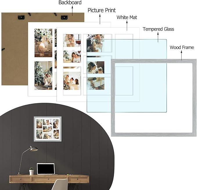 Golden State Art, 13.7x15.7 Matted Grey Wood 7-Opening for 4x6 Collage Picture Frame, 1 Pack