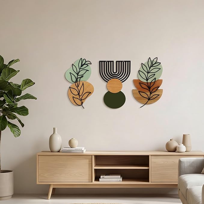 Wenqik Set of 3 Boho Wall Art Decor 3D Wood & Metal Abstract Geometric Wall Hangings Sculpture 15 x 6in Sage Green Beige Terracotta Minimalist Botanical Artwork for Home Decor Gallery Living Room