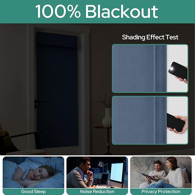 HOMEIDEAS 100% Linen Blackout French Door Curtains, Privacy Door Window Curtains, 26 X 68 Inch Room Darkening Blinds, Thermal Insulated Shades for Bedroom, 1 Panel, Stone Blue