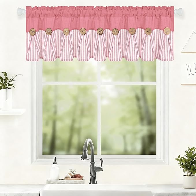 ASPMIZ Farmhouse Cotton Linen Valances for Windows, Boho Kitchen Curtains Valances with Rustic Button, Pink Striped Window Treatments Curtain Valance for Bathroom Cafe, 60 x 14 Inch, 1 Pannel