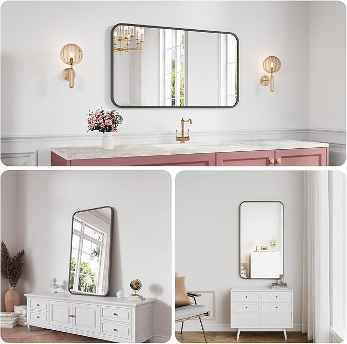 Koonmi Metal Framed Bathroom Mirror, 24"X42" Anti-Rust Bathroom Vanity Mirror, High-Definition Tempered Glass Bathroom Mirrors for Over Sink, Modern Decorative Wall Mirror for Restroom