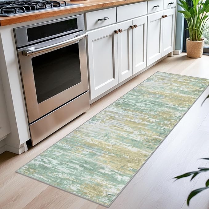 KOZYFLY Modern Abstract Runner Rugs 2x6 Light Green Yellow Machine Washable Area Rug for Bedroom Non-Slip Living Room Rug, Faux Wool Soft Low Pile Office Carpet for Bedroom, Kitchen Bathroom