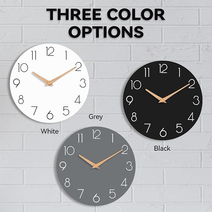 Wall Clock, 10 Inch Wooden Silent Non-Ticking, Decorative Battery Operated Wall Clocks for Bedroom, Kitchen, Home, Living Room, Office, School, Hotel (White)