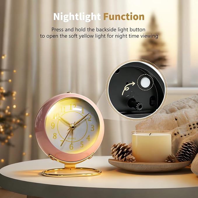 Analog Alarm Clock, Small Retro Desk Clock with Night Light, Backlight Cute Simple Design, Silent Non-Ticking, Battery Powered, for Bedroom,Travel,Kitchen,Bedside Desktop Decor - Image 5