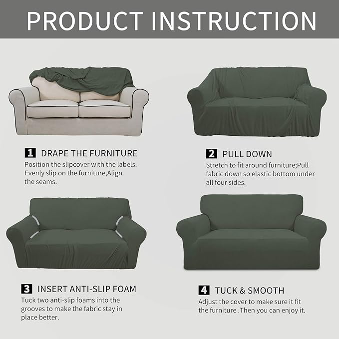Easy-Going Stretch 4 Seater Sofa Slipcover 1-Piece Sofa Cover Furniture Protector Couch Soft with Elastic Bottom for Kids, Polyester Spandex Jacquard Fabric Small Checks Olive Green