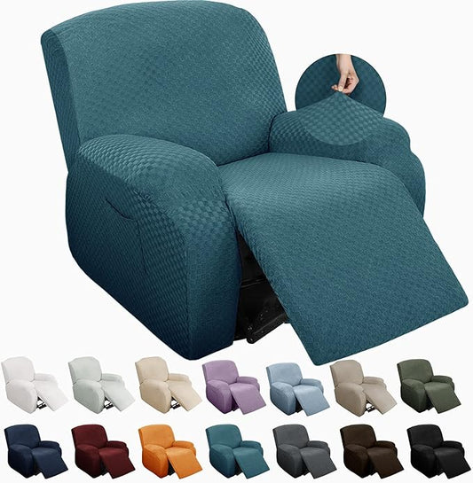 YEMYHOM 4 Pieces Stretch Recliner Slipcover Latest Jacquard Recliner Chair Cover with Side Pocket Anti-Slip Fitted Recliner Cover Couch Furniture Protector with Elastic Bottom (Recliner, Peacock Blue)