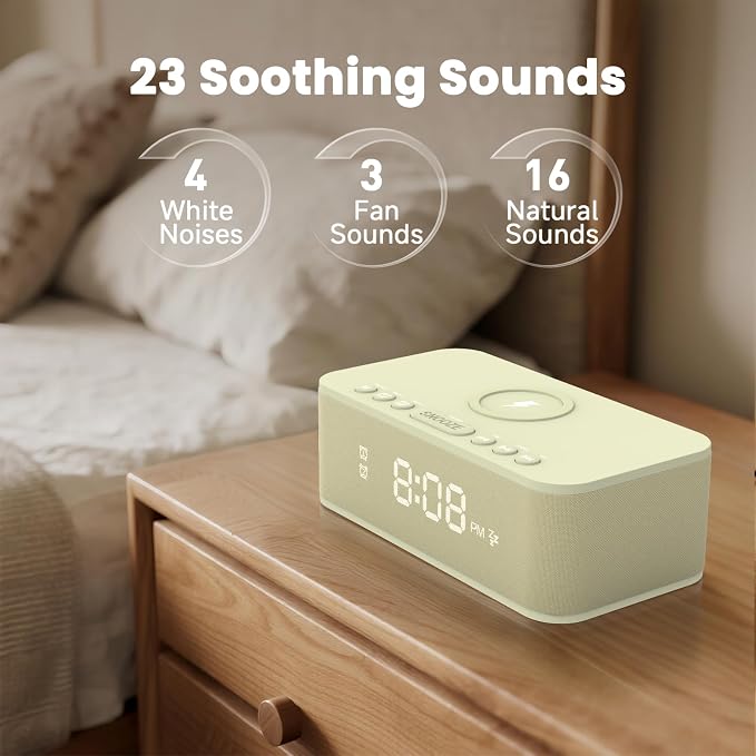 Digital Alarm Clock White Noise, Loud Digital Alarm Clocks Bedrooms, Alarm Clock Speaker Wireless Charger AUX USB Bluetooth Speaker 12/24H Dual Alarm Snooze Adjustable Brightness, Cream - Image 4