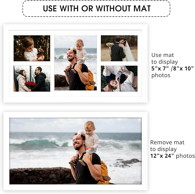Golden State Art, Set of 2, 12x24 White Wood Picture Frame - White Mat for 8x10 And 5x7 Photos - Tempered Glass, Sawtooth Hanger, Swivel Tabs - Wall Mounting - Great for Gift