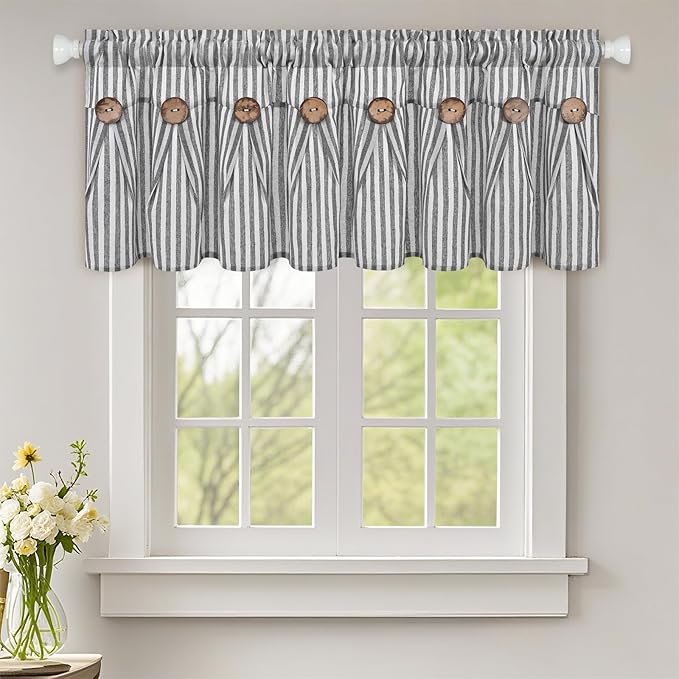 ASPMIZ Farmhouse Valances for Windows, Cotton Linen Kitchen Curtains Valances with Rustic Buttons, Grey Striped Window Valance for Living Room, Boho Valance Curtains for Bathroom, 52 x 18 Inches