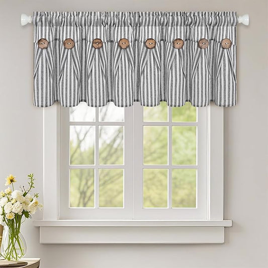 ASPMIZ Farmhouse Valances for Windows, Cotton Linen Kitchen Curtains Valances with Rustic Buttons, Grey Striped Window Valance for Living Room, Boho Valance Curtains for Bathroom, 52 x 18 Inches