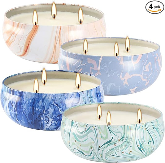 Set of 4 Triple Wick Marble-Style Citronella Scented Candles Natural Soy Wax Summer Outdoor Candles for Outside Indoor Patio Home Garden Yard Balcony Camping Porch BBQ.