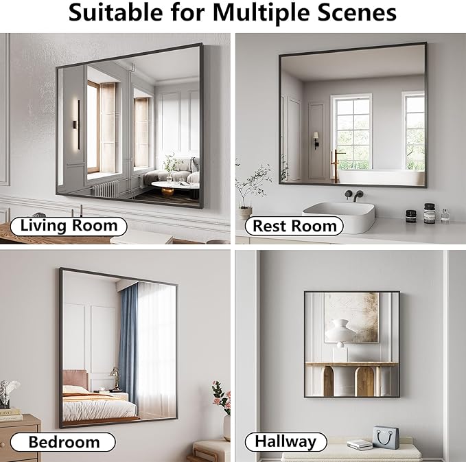 Bathroom Mirror 36"x40" Matte Black Rectangle Bathroom Wall Mirror for Over Sink, Modern Large Vanity Mirror, HD Tempered Glass, Anti-Rust Aluminum Alloy Frame, for Living Room, Bedroom, Entryway