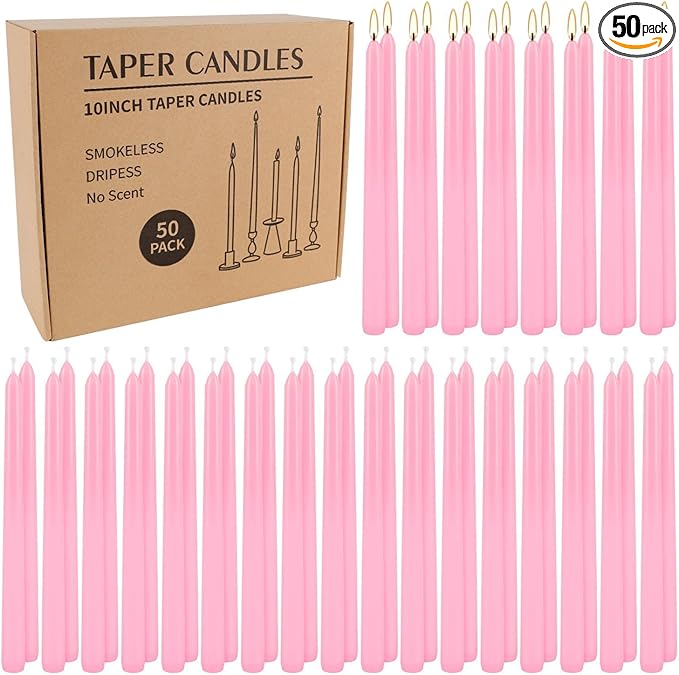 50-Pack Pink 10-Inch Taper Candles: Unscented Dripless Candlesticks with 8-Hour Burn Time - Elegant Dinner Candles for Valentine's Day, Romantic Dinners, Wedding Centerpieces, & Special Event Decor