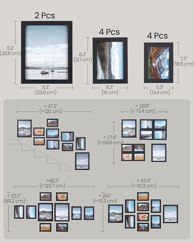 SONGMICS Picture Frames, 10 Pack Collage Picture Frames with Two 8x10, Four 5x7, Four 4x6, Photo Frame Set for Wall Gallery Decor, Hanging or Tabletop Display, Clear Glass Front, Black