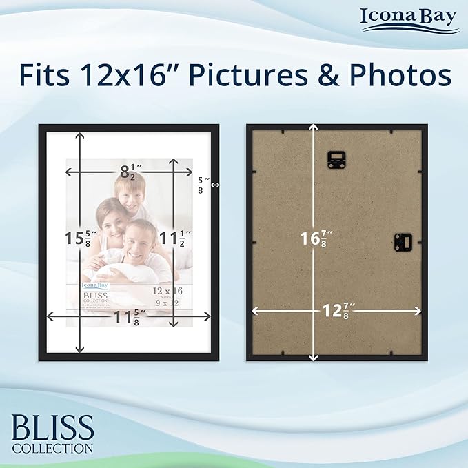 Icona Bay - 12x16 Black Picture Frame Fits 11x15 Photos with Mat to 9x12 Image - Modern Style Engineered Wood Poster Frame - Wall Mount Only - Bliss Collection
