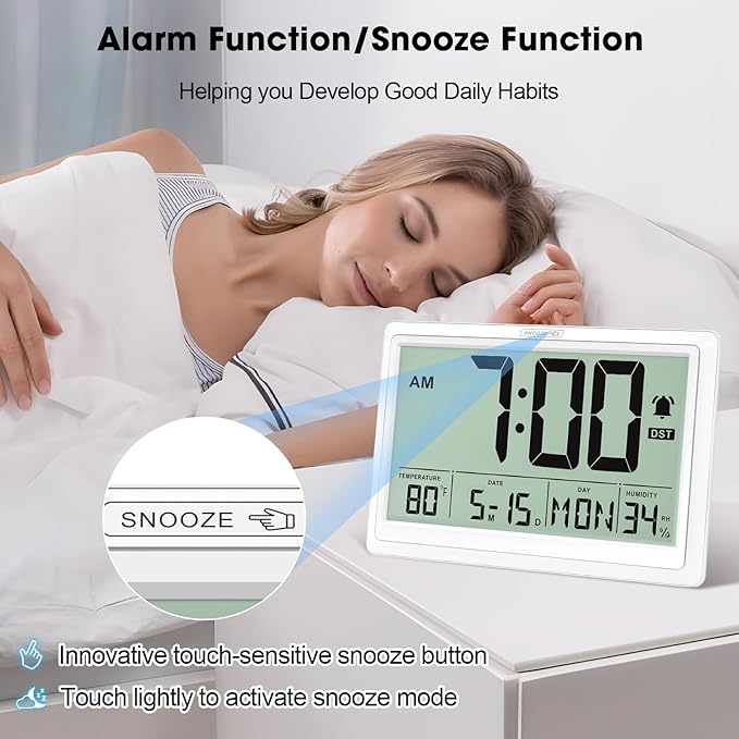 10.4'' Digital Wall Clock Battery Operated with Date/Temp/Week, Touch Snooze Function, Alarm, Temperature & Humidity - Easy to Read and Set, Auto DST
