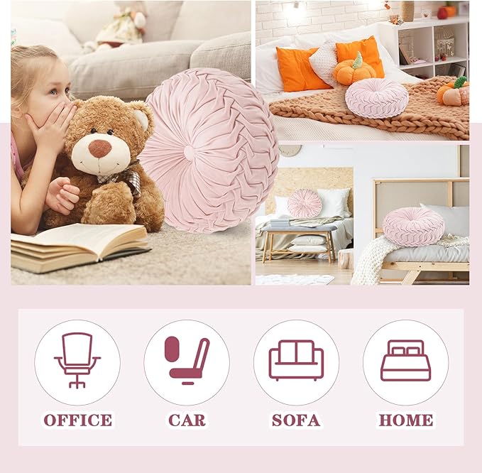 Drydiet 1 Pcs Round Throw Velvet Pillows Decorative Pleated Throw Pillows 15'' Diameter Accent Pumpkin Boho Chair Cushion for Couch Sofa Home Decoration (Pink)