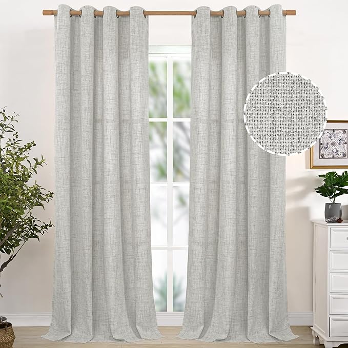 YoungsTex Extra Long Linen Curtains 108 Inch Length for Living Room, Light Grey Drapes Light Filtering with Bronze Grommet Privacy for Bedroom Floor Length, 2 Panels, 52 X 108 Inch