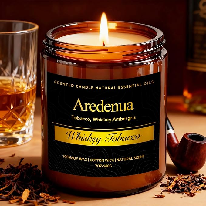 Whiskey Tobacco Candle – Manly Scented Candle for Men, Masculine Soy Candles with Whiskey & Tobacco Aroma, Long Lasting Rustic Candles for Home, Bar, Office, Lounge, Gift for Men
