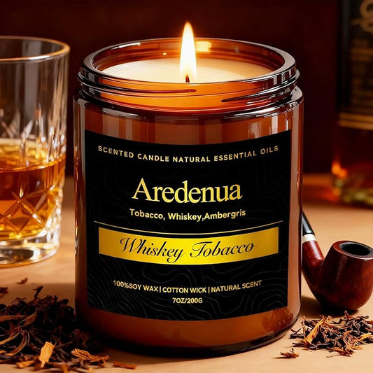 Whiskey Tobacco Candle – Manly Scented Candle for Men, Masculine Soy Candles with Whiskey & Tobacco Aroma, Long Lasting Rustic Candles for Home, Bar, Office, Lounge, Gift for Men