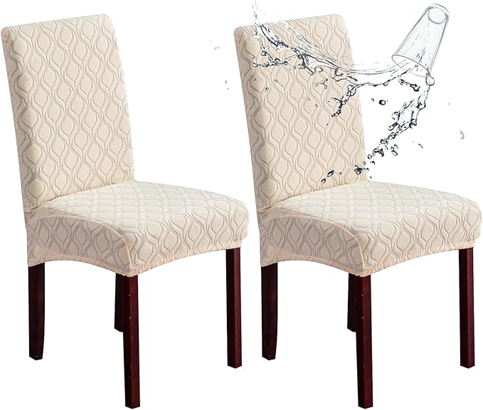 Genina Waterproof Chair Covers for Dining Room, Stretch Jacquard Dining Chair Slipcovers Removable Washable Chair Protector for Kitchen, Parsons (Jacquard-Beige, 2 PCS)