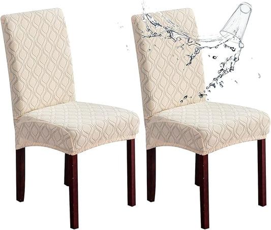 Genina Waterproof Chair Covers for Dining Room, Stretch Jacquard Dining Chair Slipcovers Removable Washable Chair Protector for Kitchen, Parsons (Jacquard-Beige, 2 PCS)