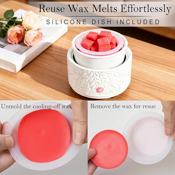 ElusiaKa Electric Wax Melt Warmer with Timer & Silicone Liner, 3-in-1 Ceramic Scented Wax Burner for Home Aromatherapy, Fast Melting Fragrance Warmer for Essential Oils & Wax Cups, Flame for Women
