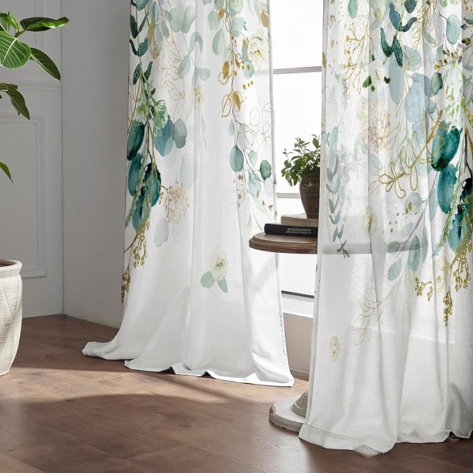 Gold Green Botanical Curtains 96 Inches Long for Living Room Eucalyptus Leaves Light Filtering Curtains Sage Green White Floral Drapes for Bedroom Farmhouse Leaf Flower Printed Door Curtain