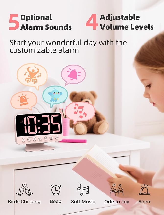 Odokee Digital Alarm Clocks for Bedrooms with Large Bold Number | Pink Alarm Clock with 8 Night Lights & Dimmable Display - Cute Alarm Clock with 5 Sounds for Girls Teens Kids - Sakura Pink - Image 3
