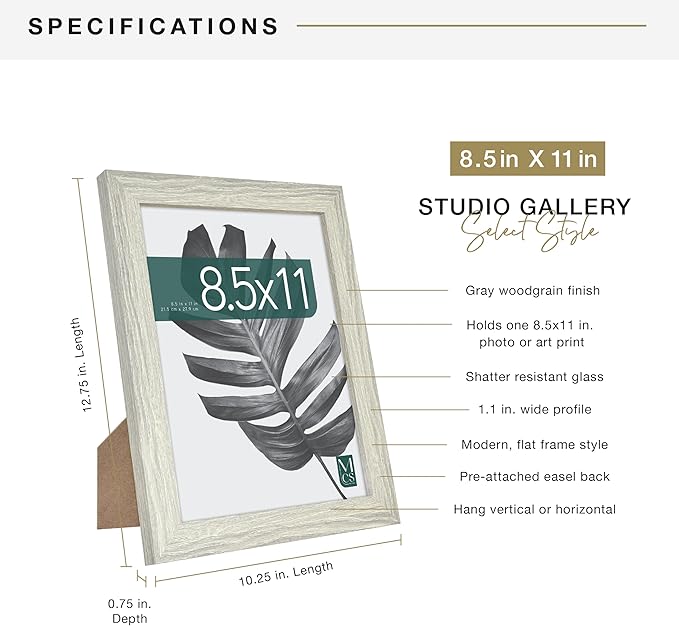 MCS Studio Gallery 8.5x11 Picture Frame Gray Woodgrain Engineered Wood, Rectangle Photo Frame for Photos, Posters & Art Prints & Easel for Tapletop Display (1-Pack)